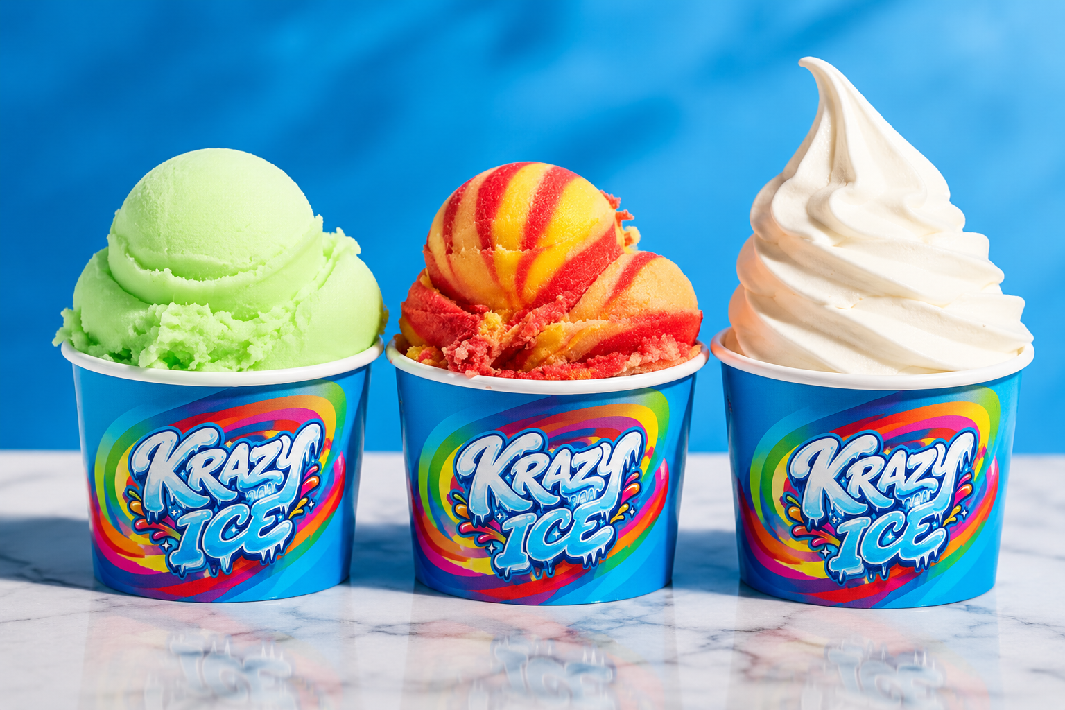 Three Krazy Ice cups with green, rainbow swirl, and vanilla soft-serve water ice